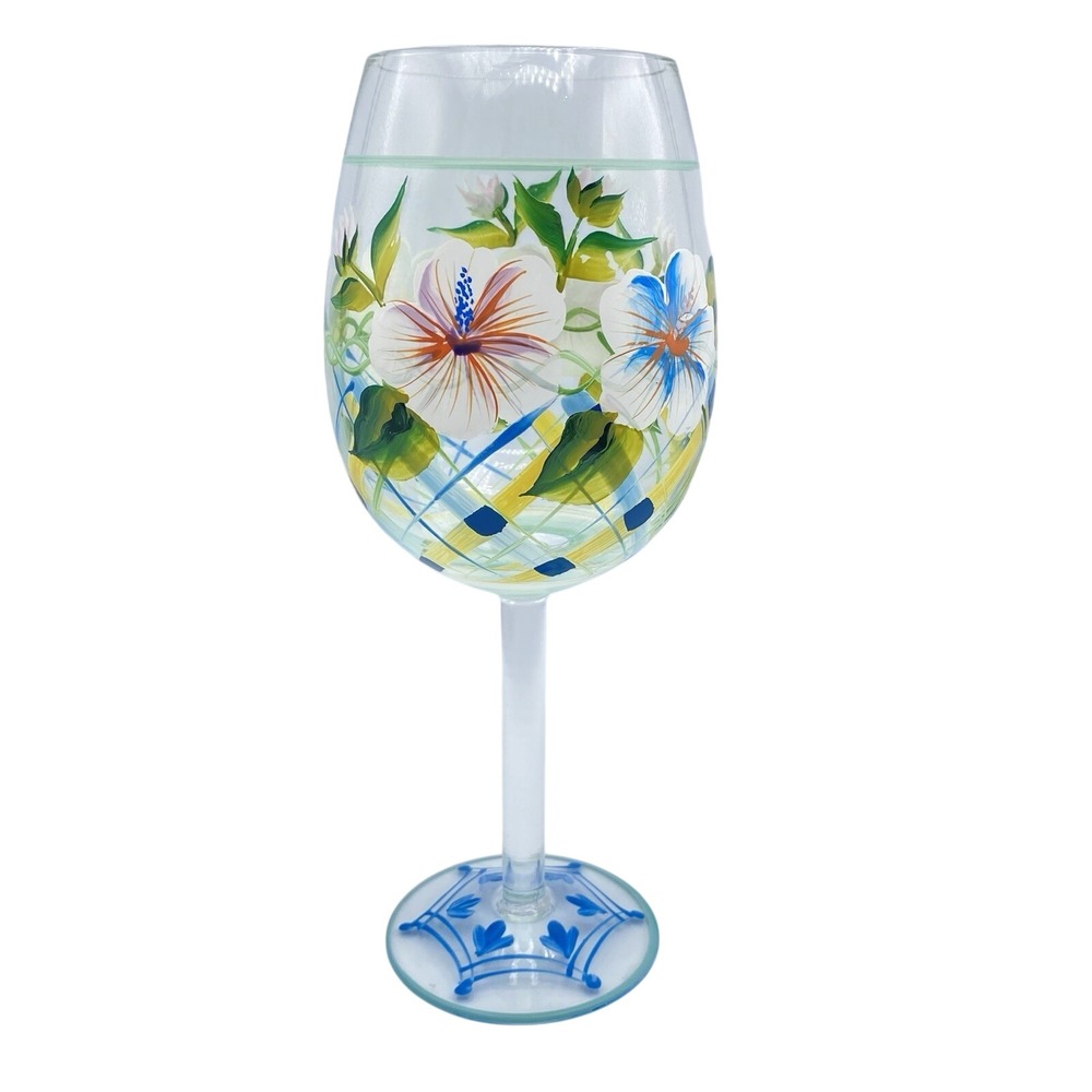 Hand Painted Hibiscus Flower Floral‎ Wine Glass Blue Green White Yellow